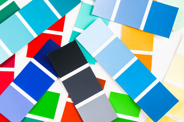 High angle view of color cards on the white background, variation and gradient of colors.