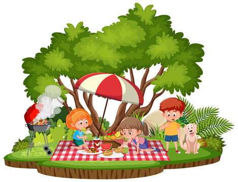 Kids picnic in the park isolated