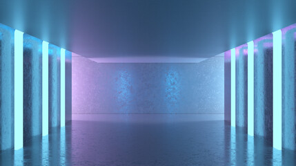 Concrete Wall with Neon Lights. 3D Render