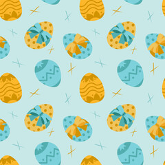 Seamless pattern with an Easter eggs, flat design. Colorful eggs for Easter holidays design concept. Vector illustration for card, poster, paper wrapping