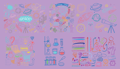 Set of colorful object and symbol hand drawn doodle on purple background