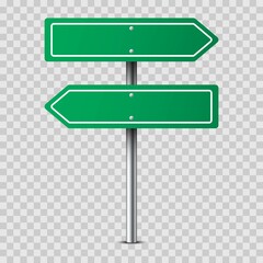 Realistic green traffic sign on metal pole isolated on transparent background. Blank traffic road empty sign. Mock up template for your design. Vector illustration