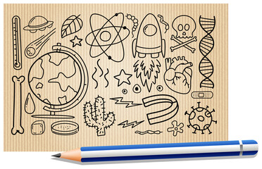 Different doodle strokes about science equipment on a paper