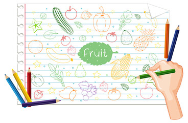 Hand drawing many fruits doodle on paper