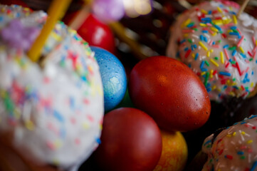 easter eggs. bright Easter holiday .colorful cakes. delicious treats.