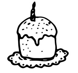 Vector isolated illustration of the Easter symbol, a cake with a burning candle with a lace napkin with sprinkles, hand-drawn in the style of a doodle, a black line on a white background for a design 