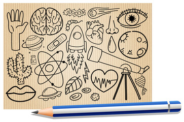 Different doodle strokes about science equipment on a paper with a pencil