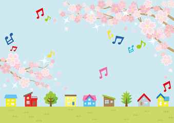 桜のある春の風景のイラスト 白背景 横長の書式で横書き用 Background Wall Mural Backgrou 深澤カラス