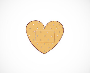 Doodle adhesive plaster in shape of heart on white background.