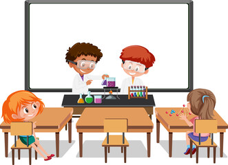 Young students doing science experiment in the classroom scene