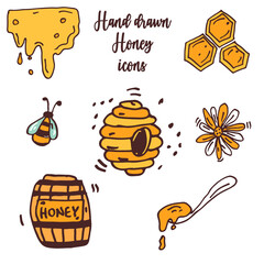 Vector hand drawn bee and honey icons set.