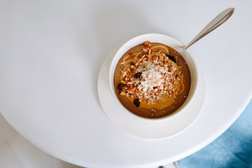 Healthy breakfast. Fresh granola muesli with yogurt Bowl of muesli
