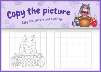 copy the picture kids game and coloring page themed easter with a cute hippo in bucket egg
