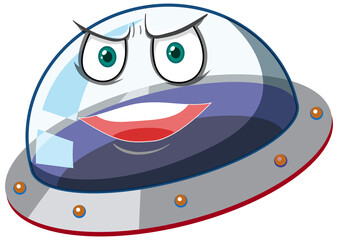 Ufo with angry face expression on white background