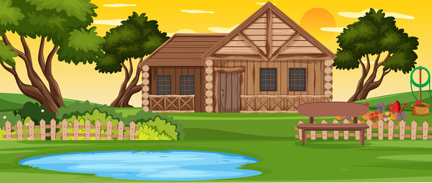 Rural wooden house outdoor landscape
