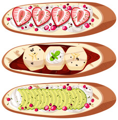 Set of top view of bread with fruit isolated