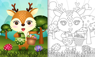 coloring book for kids themed happy easter day with character illustration of a cute deer holding the bucket egg and easter egg