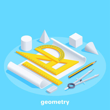 isometric vector illustration on blue background, sheet of paper with rulers and pencil with compasses, geometry at school