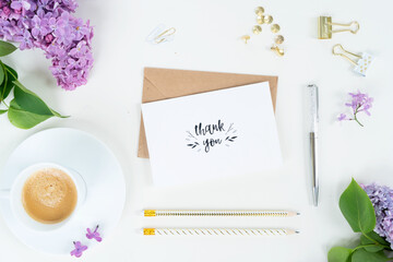 Top view home office workspace