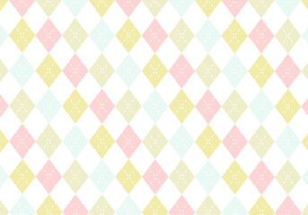 【背景素材】アーガイルチェック柄39　白背景（ピンク、黄緑色、カーキ、白色、水色）