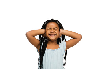 Happy longhair brunette little girl isolated on white studio background with copyspace for ad. Looks happy, cheerful, sincere. Childhood, education, human emotions, facial expression concept.