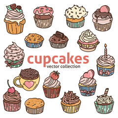 Set with cupcakes in the style of doodle. Different cupcakes with different fillings and toppings. Colorful vector illustration.