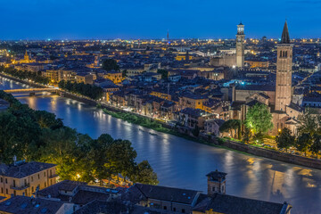 Fototapeta na wymiar Italy, Verona. Looking Down From Castello San Pietro at Twilight