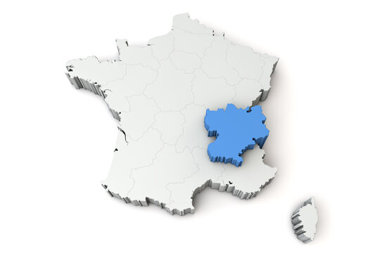 Map of France showing rhone alpes region. 3D Rendering