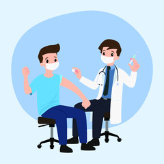 A doctor in a clinic giving a Coronavirus vaccine to a man. Vaccination concept for immunity health. Virus prevention to medical treatment, process of immunization against covid-19 for people.