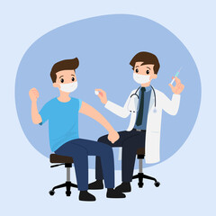 A doctor in a clinic giving a Coronavirus vaccine to a man. Vaccination concept for immunity health. Virus prevention to medical treatment, process of immunization against covid-19 for people.