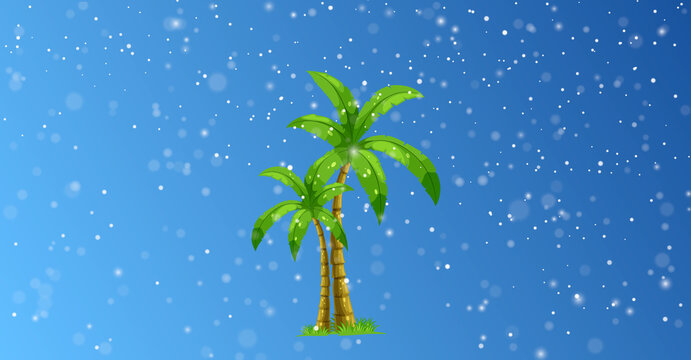 Palm Trees And Snow, Palm Trees In The Snow, Green Trees On Which Snow Falls, Abnormal Weather Conditions, Vector Image Of Nature