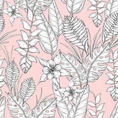 Fototapeta premium Seamless monochrome floral pattern with hand drawn jungle leaves and flowers. Heliconia flowers and tropical leaves