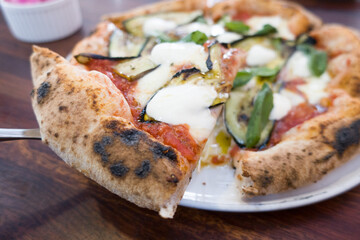 delicious vegetable pizza with eggplant top view.