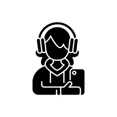 Teenage girl black glyph icon. Female teenager. 13-19 years old girl. Teen behavior. Adolescent years. Individuality development. Silhouette symbol on white space. Vector isolated illustration