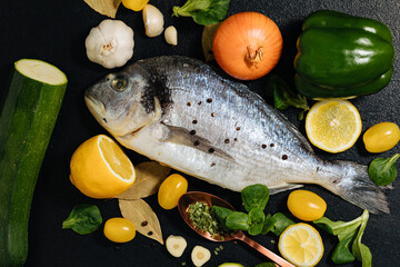 fish with lemon and vegetables. Delicious fresh fish on black dark  background. Fish with aromatic herbs, spices and vegetables on a black table. healthy food, diet, cooking concept. Prepare fish 
