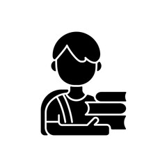 Schoolboy black glyph icon. Early childhood development. Elementary school. Early adolescence. Physical, thought and emotional changes. Silhouette symbol on white space. Vector isolated illustration