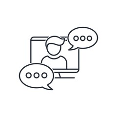 Computer, man, message box. Concept video conference, interview, video call. Vector icon isolated on white background. 