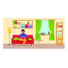 girl with a book sitting in the living room on the couch. Freelance or studying concept. Cute illustration in flat style.