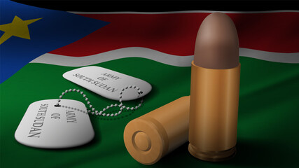 Bullet and military token in national flag of South Sudan . 3D rendering
