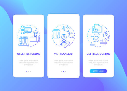 Lab testing ordering onboarding mobile app page screen with concepts. Online request, medical report walkthrough 3 steps graphic instructions. UI vector template with RGB color illustrations