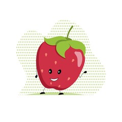Cute strawberry with face handles and legs isolated on background. Delicious ripe red berry. Vector illustration in cartoon style.