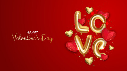 Valentines Day. Romantic Background Realistic 3d festive decorative objects, heart shaped balloons, glitter gold confetti. Holiday web banner