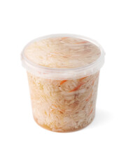 clean plastic packaging, transparent bucket with sauerkraut (fermented cabbage) side view on white...