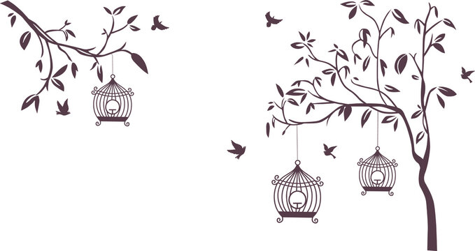 Black shadow bird and tree branch light vector design, Wall sticker for holl