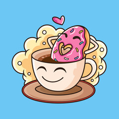 Cute Donut Swim on Coffee Cartoon. Vector Icon Illustration. Isolated on Blue Background
