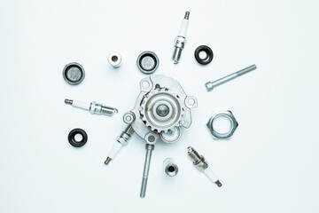 Accessories for cars. Set of new metal car part. Auto motor mechanic spare or automotive piece isolated on white background. Automobile engine service with space for text.