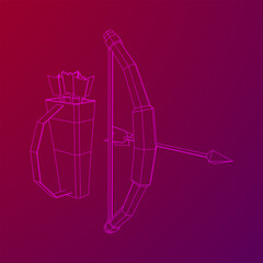Medieval Bow and arrow archer weapon. Wireframe low poly mesh vector illustration.