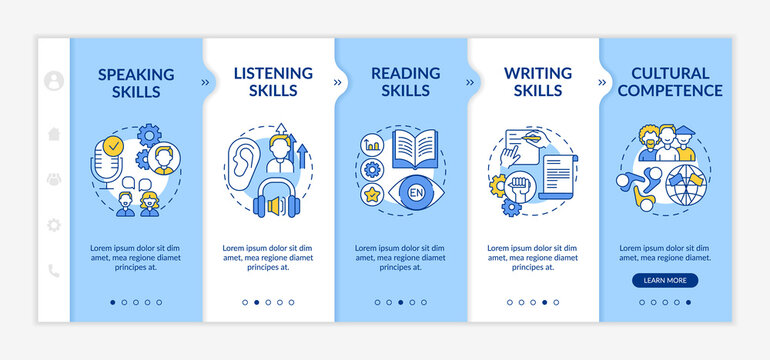 Foreign language learning competences onboarding vector template. Speaking, reading, writing skills. Responsive mobile website with icons. Webpage walkthrough step screens. RGB color concept