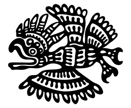 Stylized ink drawing of eagle or hawk with spreaded wings, aztec or maya native american petroglyph style, black and white, isolated, for custom print and logo design