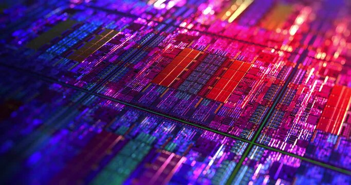 Futuristic die chip processor technology background. CPU, GPU, CMOS microchip Computer Processors. AI, Quantum computer, data processing, datacenter. Silicon wafer process. 3D rendering, 4K loop